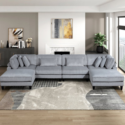 6Pc Modular Sectional Set Gray Corduroy Upholstery 2X Armless Chairs 2X Corner Seats 2X Ottomans Pillows Living Room Furniture (Sectional)