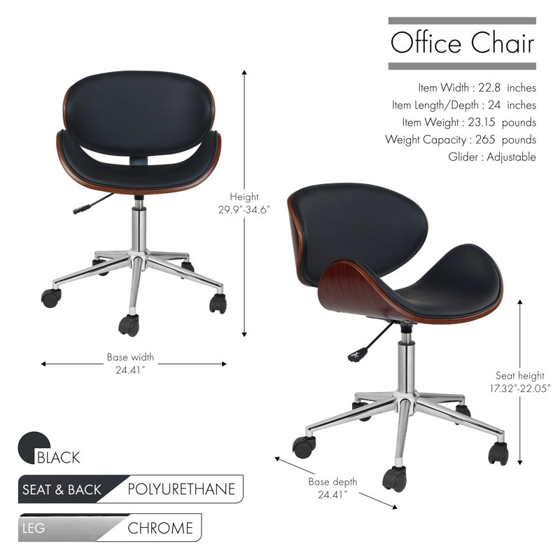 Chaise de bureau en similicuir de style Mid-Century Aden, Noir