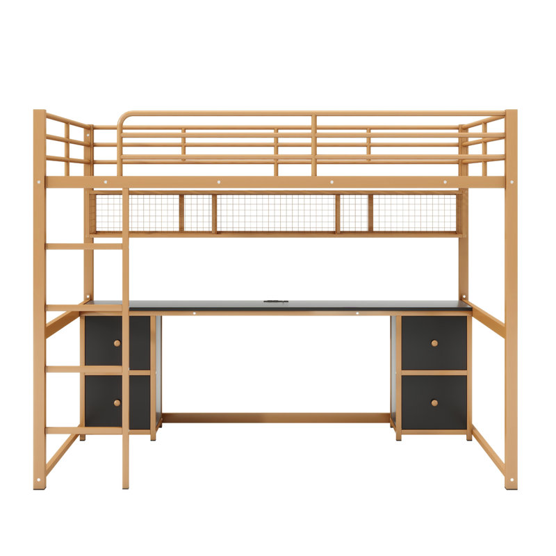 Full Size Metal Loft Bed with Desk, Cabinets, Drawers and Bedside Tray, Charging Station, USB and socket, Gold