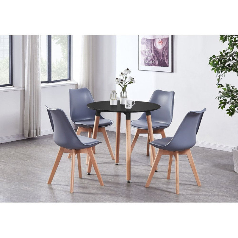 Christy 4 Person Dining set - a Round Plastic Dining Table with Wooden Legs and a Set of 4 Faux Leather Cushion Padded Dining Chairs for Dining Room - Modern Dining Table Set