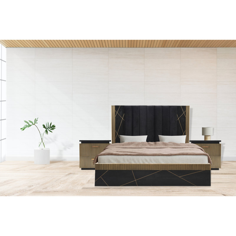 Ensemble de chambre à coucher de style moderne 5 pièces en bois de manguier avec métal laiton, Très grand lit