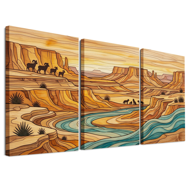 Ensemble de 3 toiles murales représentant un paysage de canyon désertique avec des loups et des moutons