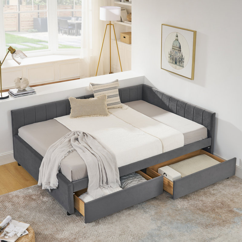 Structure de lit en velours gris, taille double avec deux tiroirs et rayures verticales, option de sièges confortables, convient aux espaces de vie de café, aux cas d'utilisation multiple, au bureau