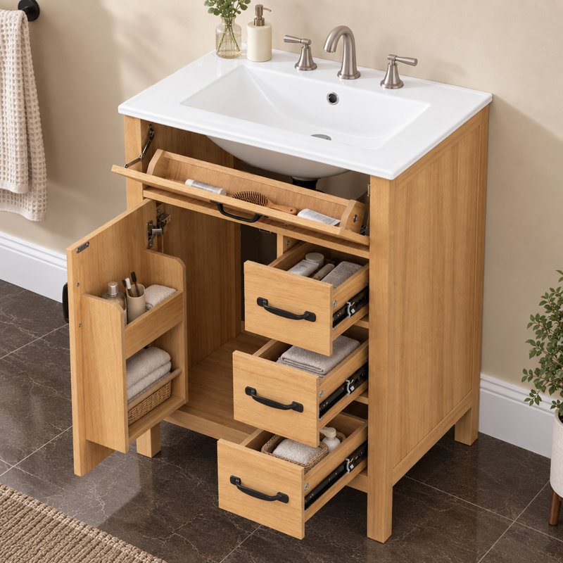 Meuble-lavabo autoportant 24 po avec lavabo en céramique, rangement rabattable et 3 tiroirs, petite salle de bain moderne