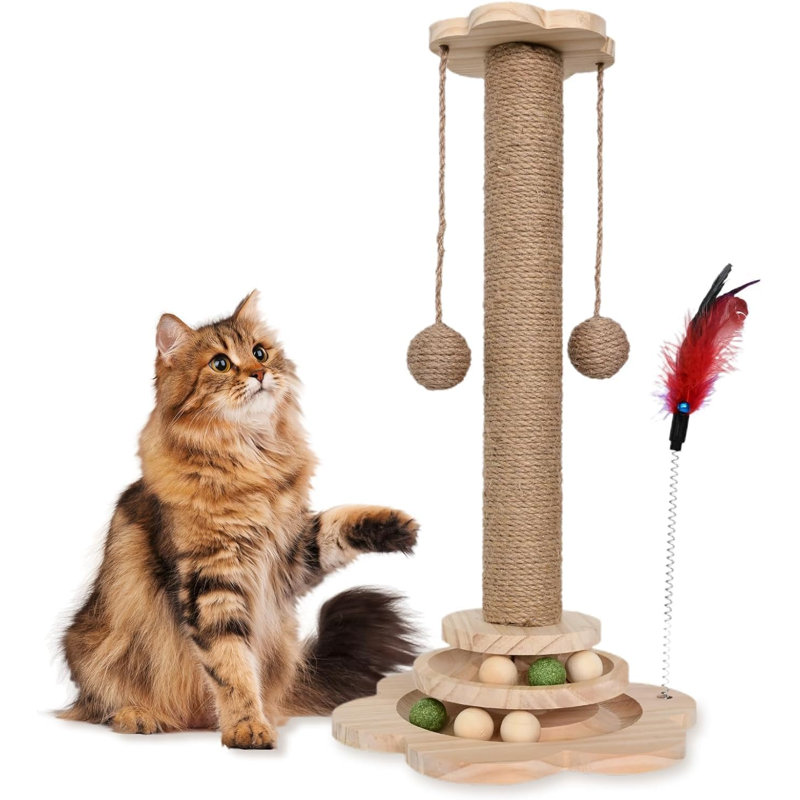 Wooden Cat Scratching Post, 15.7"H x 9.4"W x 10.4"L