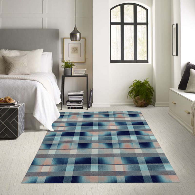 Tapis intérieur / extérieur en polyester tissé à la machine à motif rectangulaire tissé à la machine gris / bleu / corail