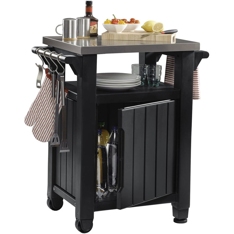 Keter Unity 40 Gal Patio Storage Grilling Bar Cart w/ Stainless Steel Top, Gray