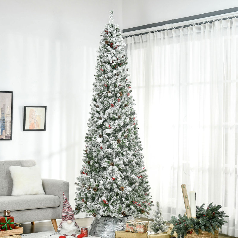 Arbre de Noël artificiel enneigé 9 pi avec des branches de pin réalistes, pommes de pin, baies rouges, ouverture automatique