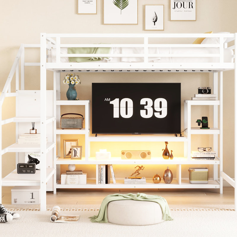 Lit mezzanine pleine grandeur en métal avec meuble télé, escalier et garde-robe pour enfants, solution de divertissement et de rangement améliorée