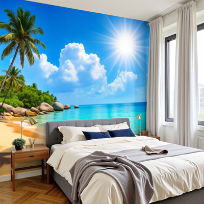 Peel and Stick Wallpaper Tropical Beach Water Palm Trees Under Sun Wall Murals 100"H x 144"W Removable PVC Wall Paper Self-Adhesive Wall Decor for Bedroom Living Room Home Office