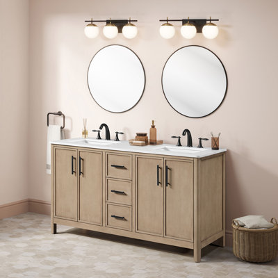 OVE Solas 60 in. Double Sink Freestanding Sahara Birch Bathroom Vanity with White Engineered Stone Top
