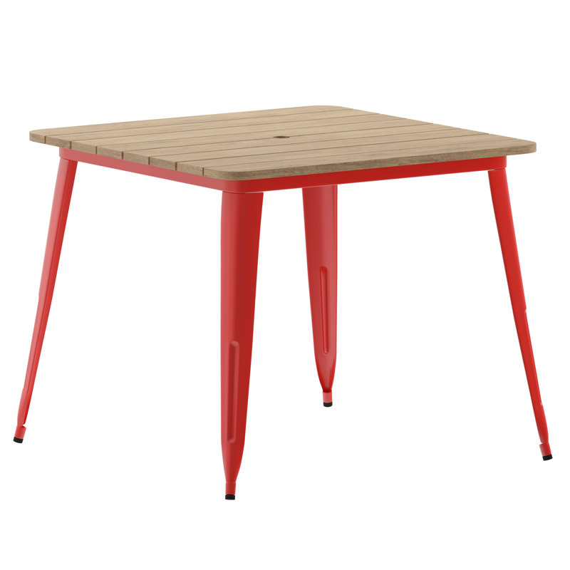 Table de restaurant commerciale intérieure / extérieure en polyester Harewood, L 36 po x L 36 po, Plateau brun / base rouge