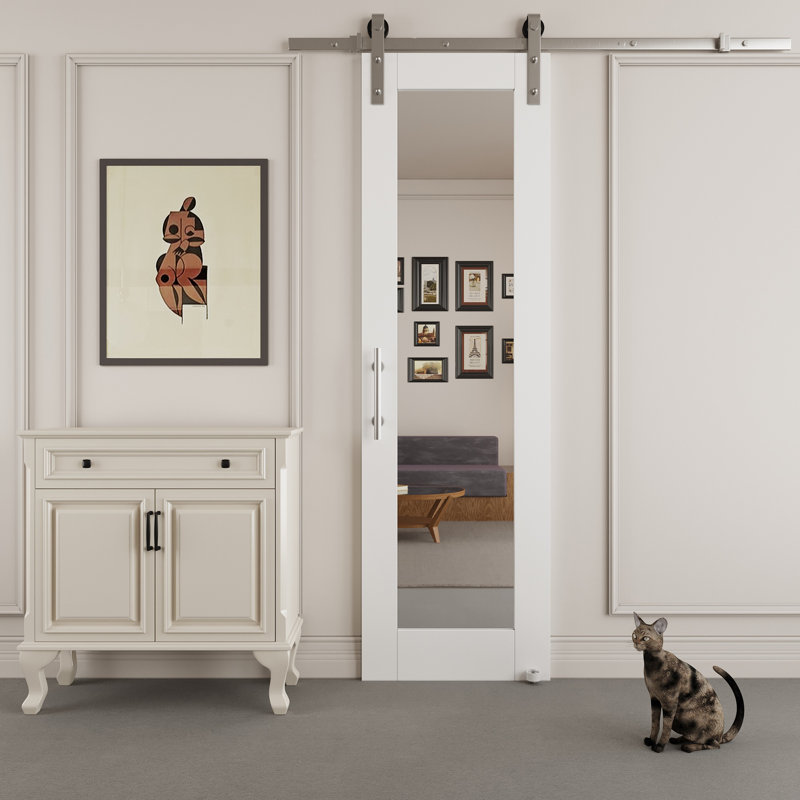 Porte de grange coulissante en bois manufacturé 80 po avec miroir en bois massif avec trousse de quincaillerie nickelée (aucun assemblage requis)