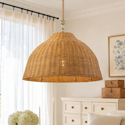 2-Light 20"W Boho Natural Rattan Dome Pendant