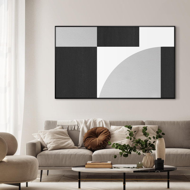 Très grande impression d'art mural encadré de formes géométriques noires et blanches minimalistes (assemblage de cadre requis)