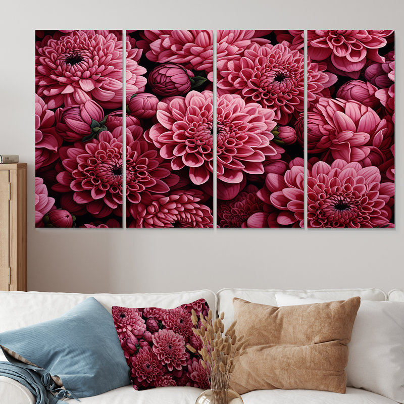 «Pink Chrysanthemums Gardens Collage II - Chrysanthemums», art mural sur toile 4 pièces, H 28 po x l 48 po