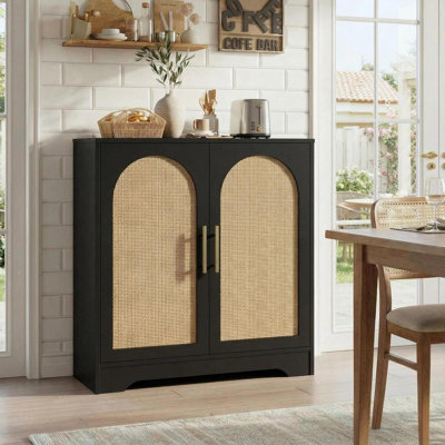 Buffet de 30 po avec 2 portes en rotin, grande console de rangement, armoire à café moderne pour le salon, la salle à manger, la cuisine, le couloir et le vestibule