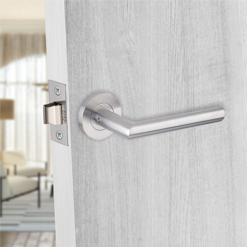  4 Sets Mitred Design Door Handles Latch on Round Rose in Satin Nickel Finish - 52mm Diameter