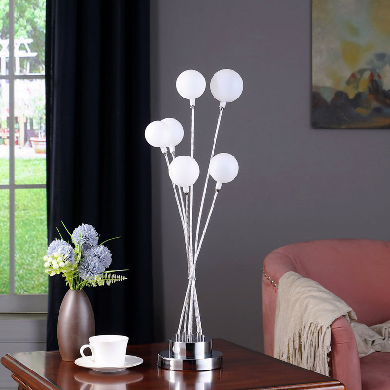 Lampe de table sphérique en métal chromé argenté à 6 lumières 27,5 po Aluminun, Argent argent
