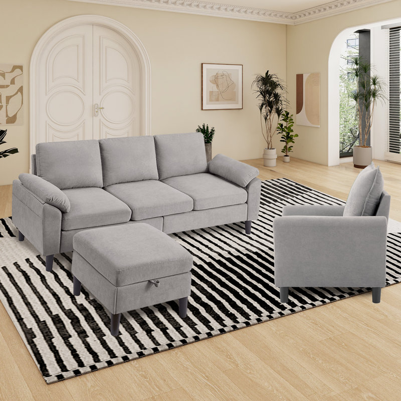 3 Piece Sectional Living Room Set, Light Gray Polyester Blend