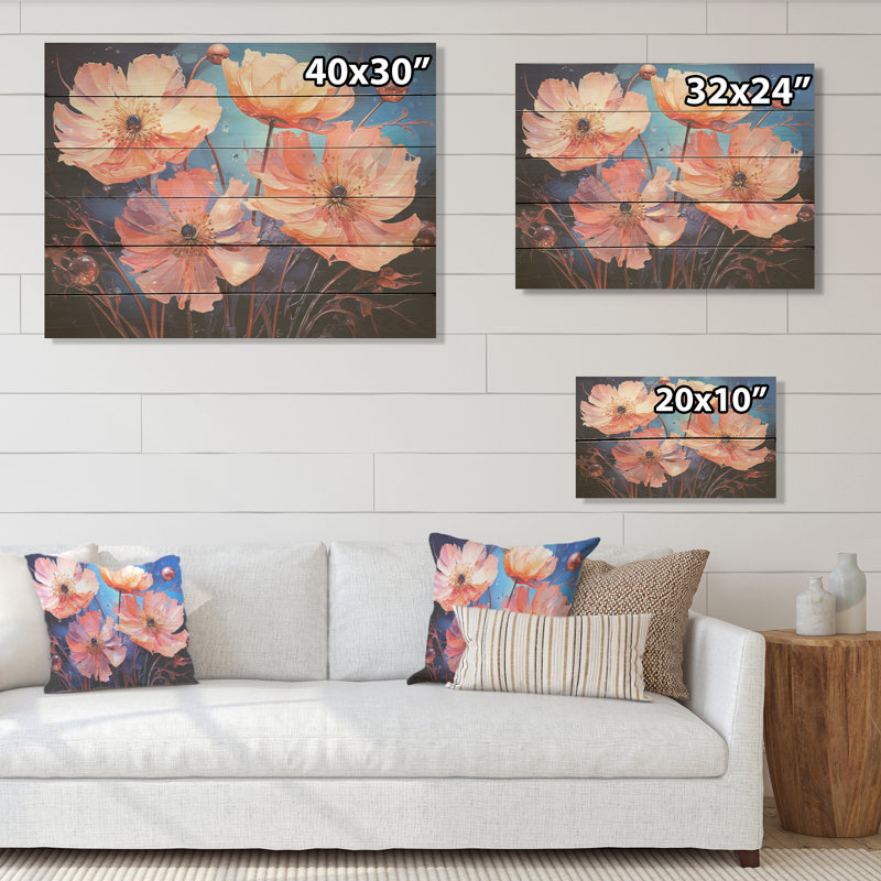 «Neon Flourish Pink Cornflowers I», art mural en bois sur bois de pin naturel, H 10 po x l 20 po