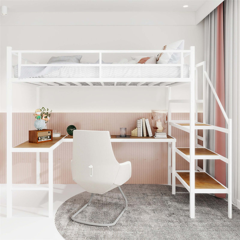 Lit mezzanine avec bureau intégré en forme de L, plusieurs compartiments de rangement, structure robuste, garde-corps continu pour économiser de l'espace et une utilisation silencieuse dans n'importe quelle pièce