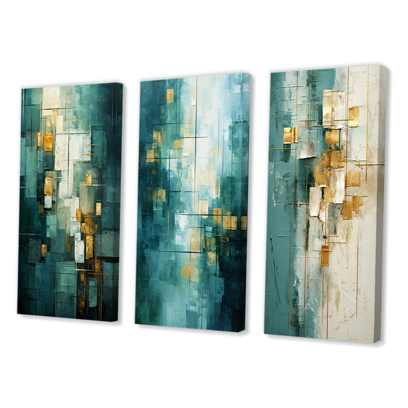 California Sunshine Retro abstrait bleu sarcelle - ensemble de 3 peintures d'art abstrait, H 28 po x l 36 po, Toile tendue