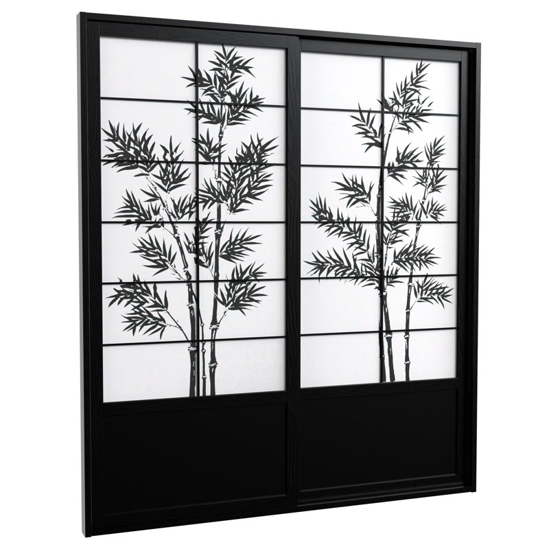 Keir 73.5" W x 83" H  Solid Wood Bamboo Tree Shoji Sliding Double Door Set, Black