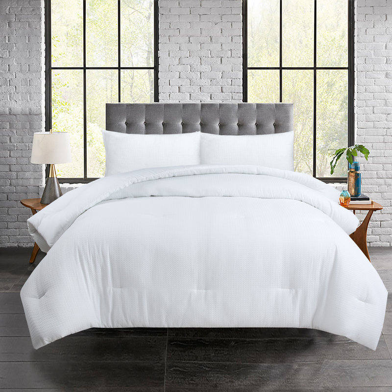 Ensemble d'édredon Cassidy Waffle Weave, Édredon pour lit simple + 1 taie décorative stan, Blanc