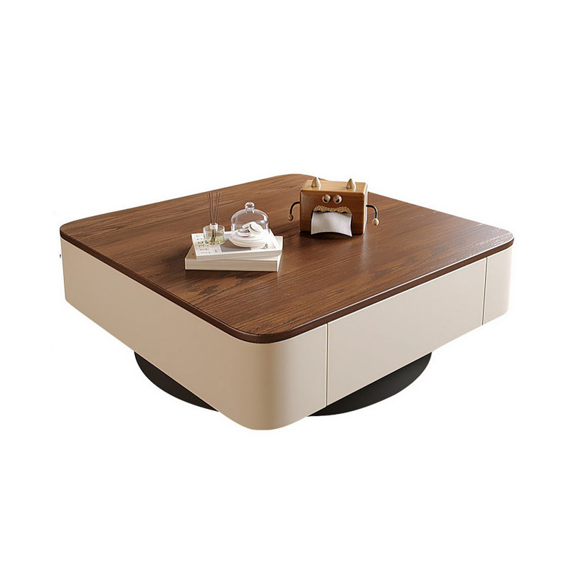 Table basse 31,5 "carrée en bois moderne avec tiroirs de rangement cachés, table centrale à profil bas pour le salon, noyer et crème
