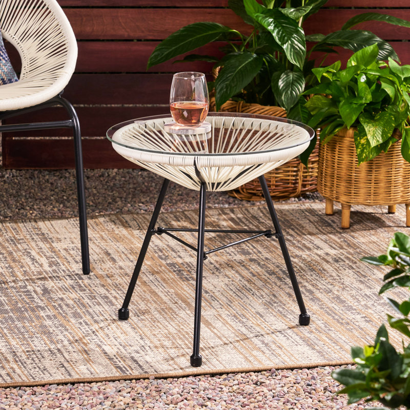 Table d'appoint contemporaine avec décor tissé - blanc, plateau en verre trempé, l 18,11 po x P 18,11 po H 17,93 po, assemblage requis, pieds en fer
