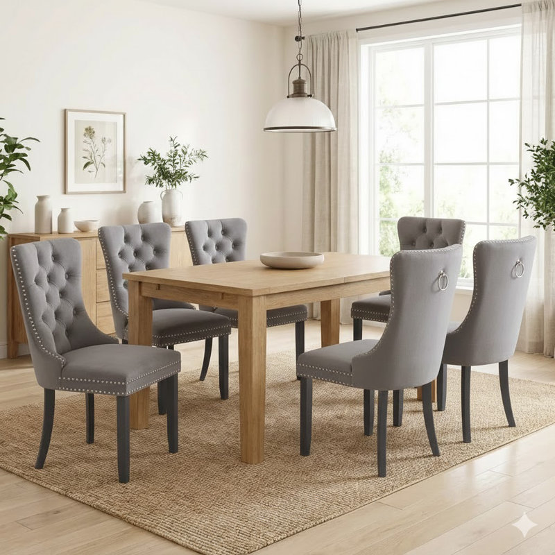 Chaise de salle à manger en velours capitonnée avec pieds en bois massif (ensemble de 6), Gris