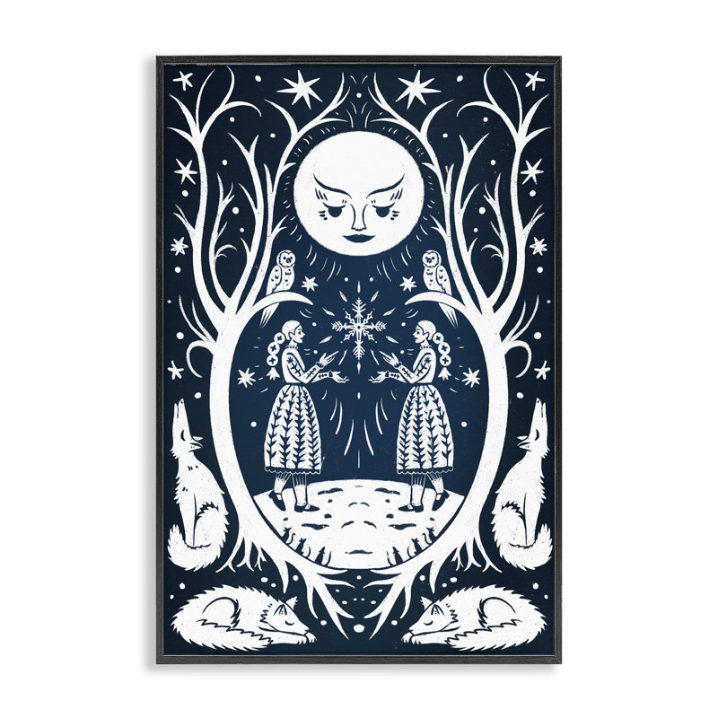 Giclée de Woodland Folk Girls avec lune, design par Hannah Moren, 18" H x 12" W, Giclée encadrée noir minuit