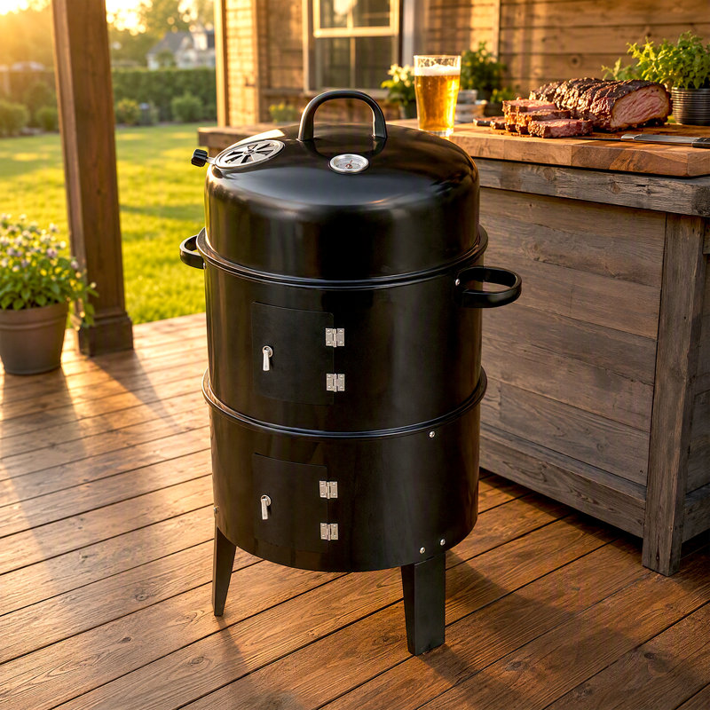 Barbecue au charbon de bois double couche d'extérieur, fumoir vertical au bois avec four à braiser, cuisson uniforme à 360° et faible dégagement de fumée, idéal pour la cuisine en plein air, sur la terrasse ou en camping.