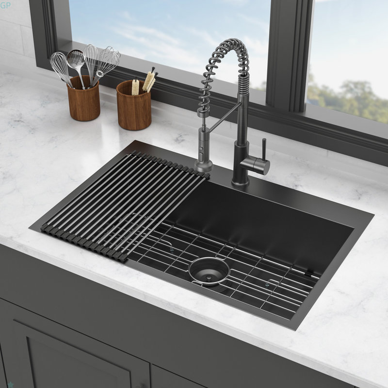 30 Drop In Kitchen Sink - Topmount Gunmetal Black Stainless Steel 18 Gauge Singe Bowl Kitchen Sink Basin
