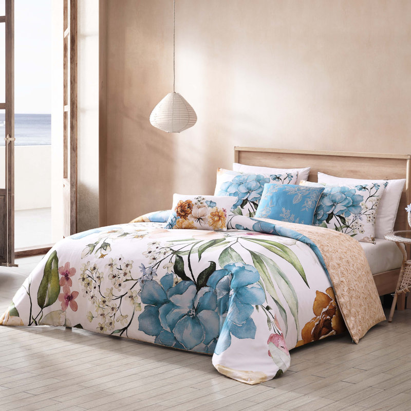 Maia King Blue Cotton Floral Reversible Comforter Set