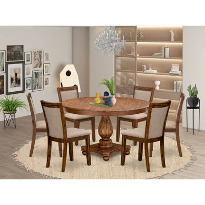 7-Pc Wooden Dining Set Includes a Pedestal Table and 6 Light Tan Linen Fabric Parson Chairs with Padded Back - Antique Walnut
