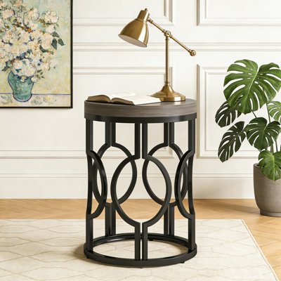 Round Industrial Side Table with Metal Hollow Frame