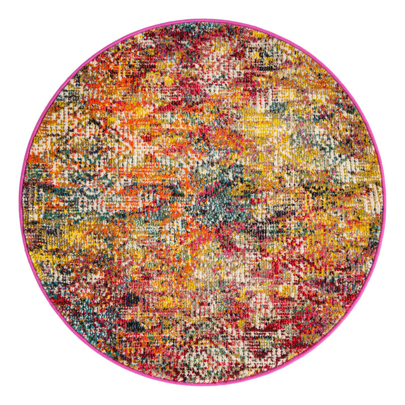 Tapis abstrait jaune / rouge / bleu, Rond 3 pi 3 po