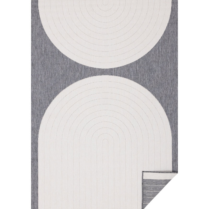 Geometric White Grey Arches Reversible Outdoor Rug, Rectangle 5'3" x 7'7"
