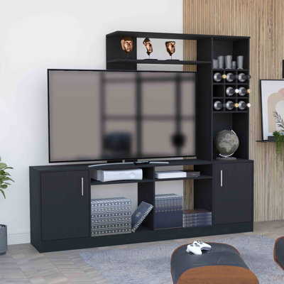 Meuble audio-vidéo pour téléviseur de 78 po, armoire à deux portes, espaces de rangement, six tablettes extérieures, noir