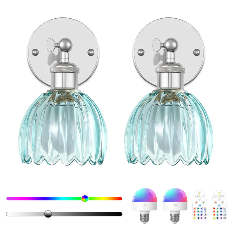 Ensemble de 2 appliques murales sans fil à piles avec ampoules DEL rechargeables incluses, télécommande, lumières à intensité variable RVB avec abat-jour en verre tulipe