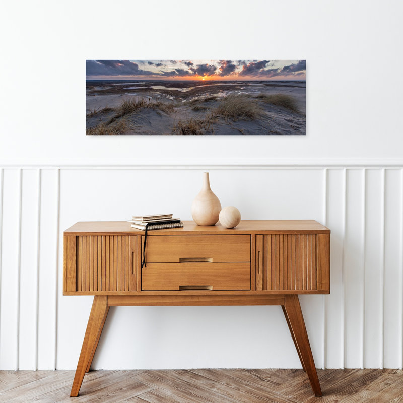Coucher de soleil sur des dunes sablonneuses, art dramatique paisible et côtier, H 12 po x l 36 po