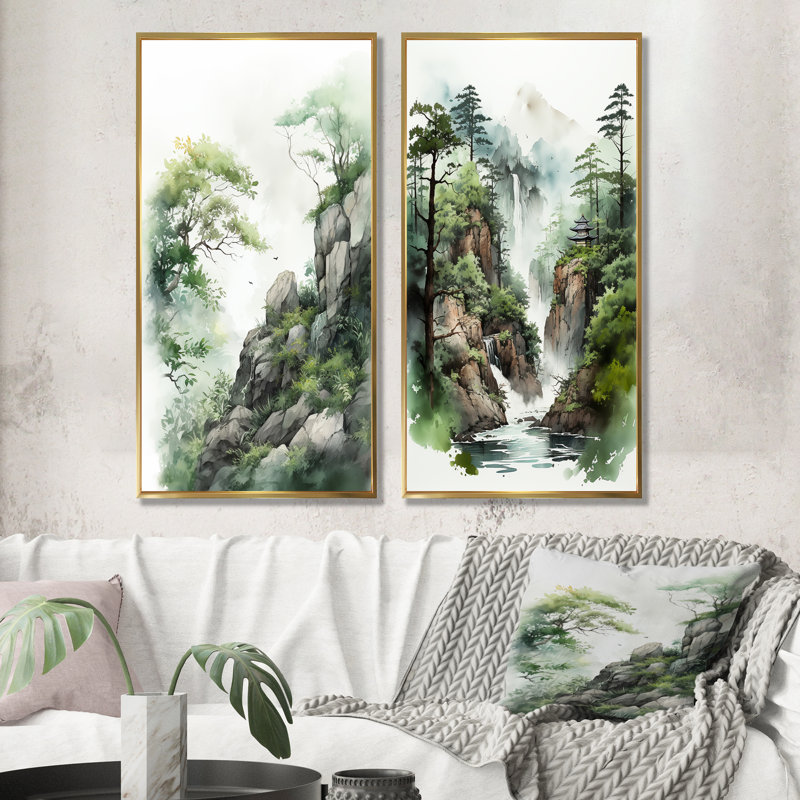 Minimalisme Cliffside Reverie - montagnes, ensemble de 2 reproductions d'art sur toile, Encadrement doré, H 32 po x l 33 po