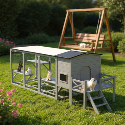 96.4" Large Outdoor Cat House and Enclosure with Climbing Platforms, Wooden Cat Cage with Swing, Sleeping House and Removable Waterproof Roof, Gray