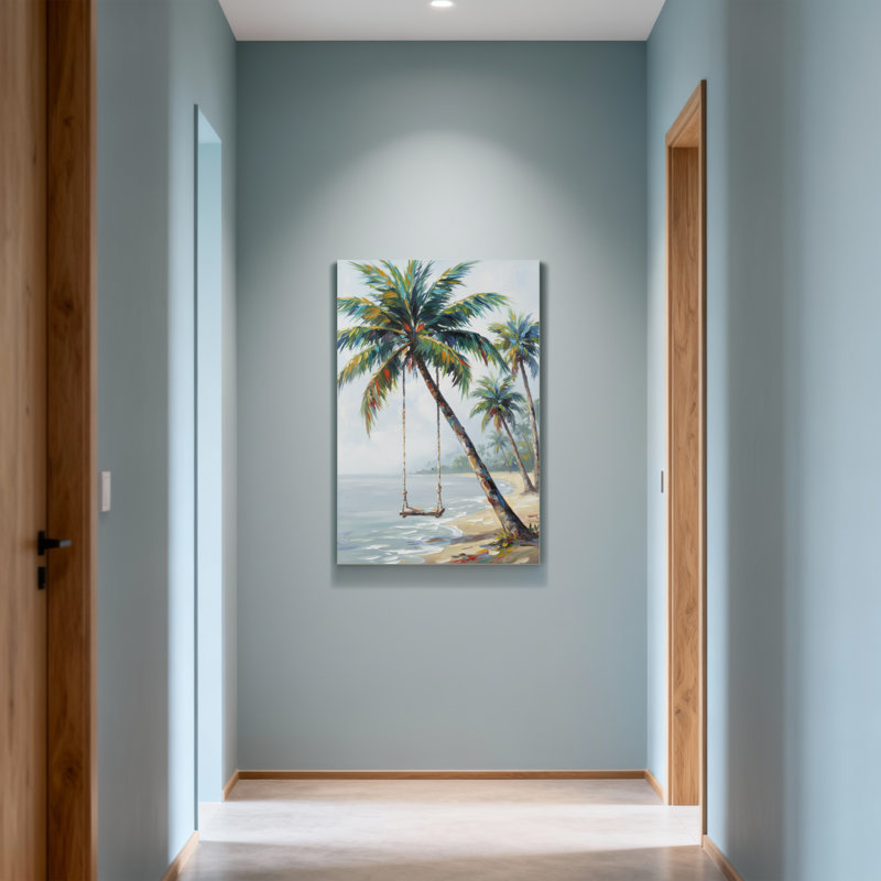 Plantes et fleurs, scène de balançoire sur un palmier tropical, H 18 po x l 12 po