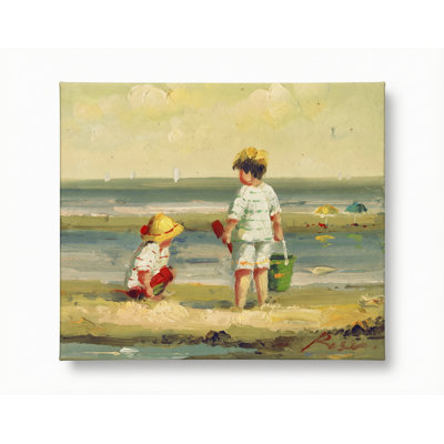 Kids Beach Frameless Canvas Print, Textured Impasto Children Wading at Shore Horizontal Canvas Wall Art, Sunny Yellow and Sea Blue Palette Kids Room Decor