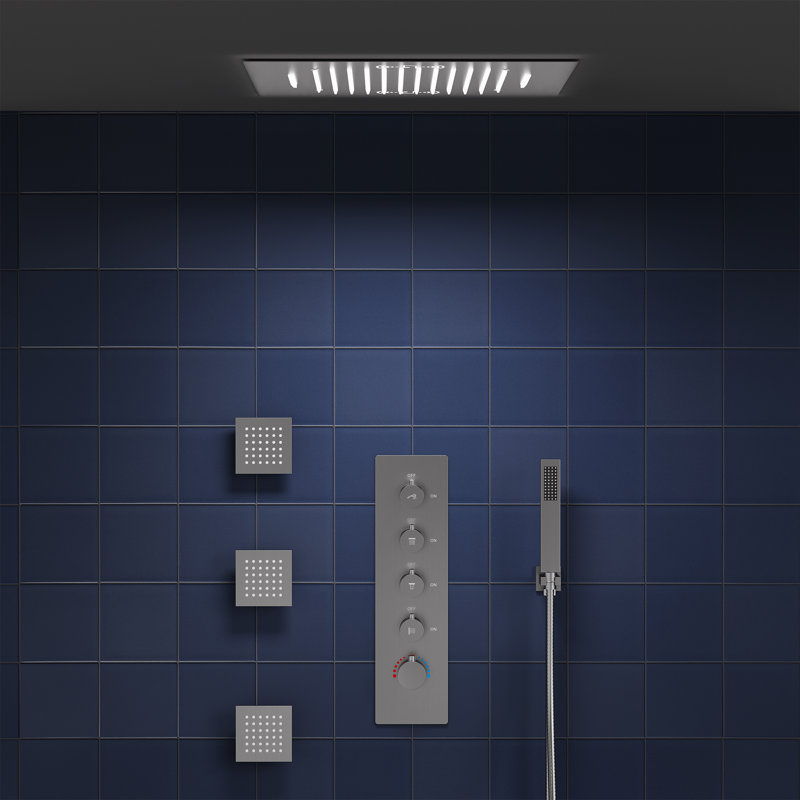 20" Ceiling Mount Complete Shower System with LED, Bluetooth Music and Rough in-Valve, Brushed Nickel