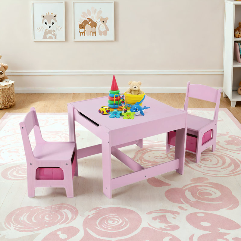 Kids Table and Chair Set, 4 in 1 Wooden Children Activity Table w/Storage, Reversible Deskboard, Blackboard, Detachable Tabletop for Toddlers Art Crafts, Playroom, Drawing, Reading Natural(pink)
