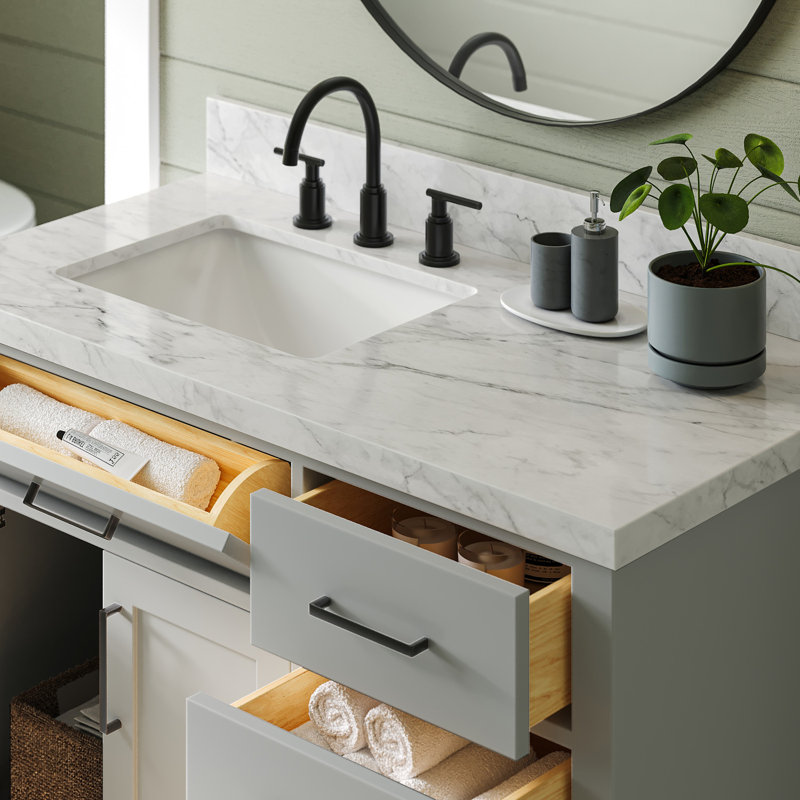 Meuble-lavabo simple en bois massif Tidworth de 42 po avec plateau en marbre de Carrare de 1,5 po, Gauche, Gris